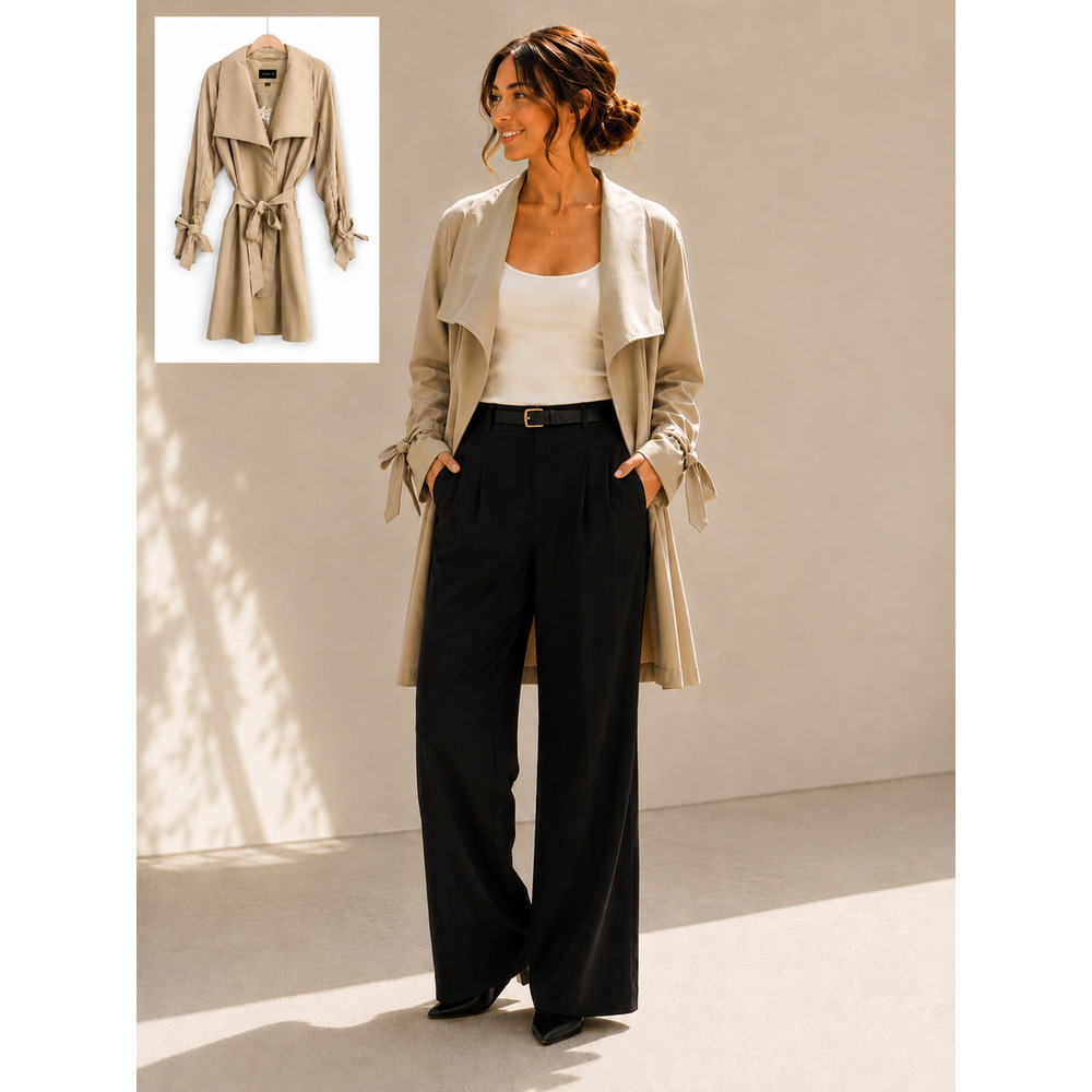 Halston Womens Trench Coat Women’s Lt Sand Self-Tie Sleeve NWT Size 16